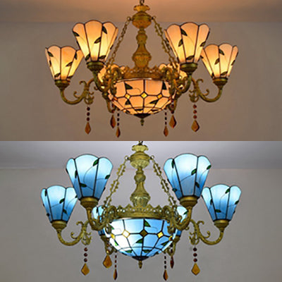 Rustic Chandelier Light Stained Glass 8 Lights Crystal Inverted Chandelier with Leaf Pattern in Blue/Beige Clearhalo 'Ceiling Lights' 'Chandeliers' 'Industrial' 'Middle Century Chandeliers' 'Tiffany Chandeliers' 'Tiffany close to ceiling' 'Tiffany' Lighting' 63019