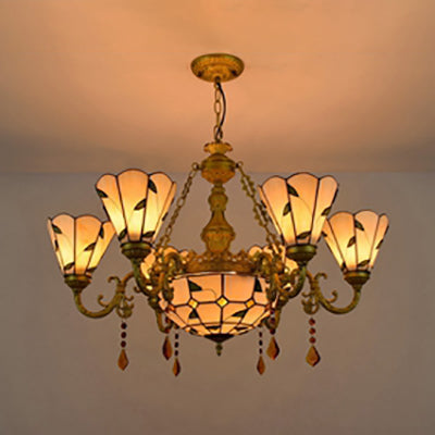Rustic Chandelier Light Stained Glass 8 Lights Crystal Inverted Chandelier with Leaf Pattern in Blue/Beige Clearhalo 'Ceiling Lights' 'Chandeliers' 'Industrial' 'Middle Century Chandeliers' 'Tiffany Chandeliers' 'Tiffany close to ceiling' 'Tiffany' Lighting' 63020