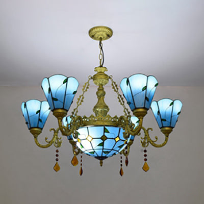 Rustic Chandelier Light Stained Glass 8 Lights Crystal Inverted Chandelier with Leaf Pattern in Blue/Beige Clearhalo 'Ceiling Lights' 'Chandeliers' 'Industrial' 'Middle Century Chandeliers' 'Tiffany Chandeliers' 'Tiffany close to ceiling' 'Tiffany' Lighting' 63023