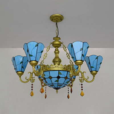 Rustic Chandelier Light Stained Glass 8 Lights Crystal Inverted Chandelier with Leaf Pattern in Blue/Beige Clearhalo 'Ceiling Lights' 'Chandeliers' 'Industrial' 'Middle Century Chandeliers' 'Tiffany Chandeliers' 'Tiffany close to ceiling' 'Tiffany' Lighting' 63024