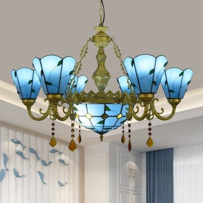 Rustic Chandelier Light Stained Glass 8 Lights Crystal Inverted Chandelier with Leaf Pattern in Blue/Beige Blue Clearhalo 'Ceiling Lights' 'Chandeliers' 'Industrial' 'Middle Century Chandeliers' 'Tiffany Chandeliers' 'Tiffany close to ceiling' 'Tiffany' Lighting' 63025