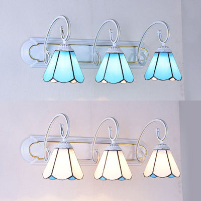 3 Heads Wall Mount Light Tiffany Cone White/Blue Glass Vanity Sconce Light for Bathroom Clearhalo 'Industrial' 'Middle century wall lights' 'Tiffany wall lights' 'Tiffany' 'Wall Lamps & Sconces' 'Wall Lights' Lighting' 63046