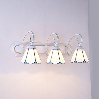 3 Heads Wall Mount Light Tiffany Cone White/Blue Glass Vanity Sconce Light for Bathroom Clearhalo 'Industrial' 'Middle century wall lights' 'Tiffany wall lights' 'Tiffany' 'Wall Lamps & Sconces' 'Wall Lights' Lighting' 63047