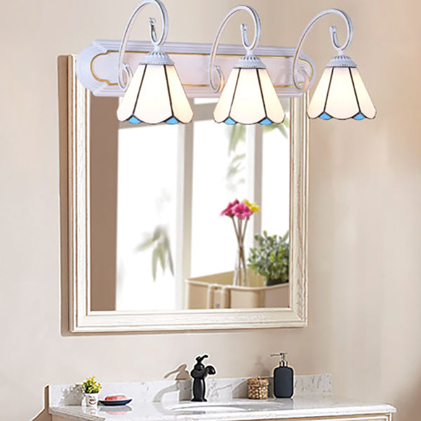 3 Heads Wall Mount Light Tiffany Cone White/Blue Glass Vanity Sconce Light for Bathroom White Clearhalo 'Industrial' 'Middle century wall lights' 'Tiffany wall lights' 'Tiffany' 'Wall Lamps & Sconces' 'Wall Lights' Lighting' 63048