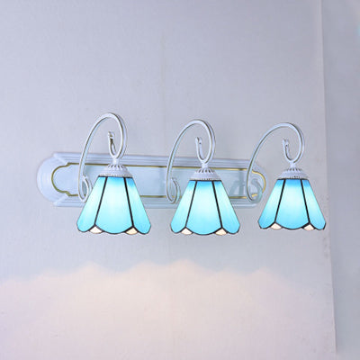 3 Heads Wall Mount Light Tiffany Cone White/Blue Glass Vanity Sconce Light for Bathroom Blue Clearhalo 'Industrial' 'Middle century wall lights' 'Tiffany wall lights' 'Tiffany' 'Wall Lamps & Sconces' 'Wall Lights' Lighting' 63050