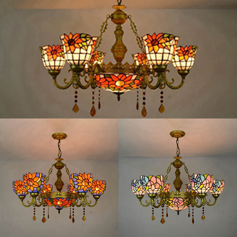 Colorful Inverted Chandelier with Yellow Flower/Sunflower/Flower Pattern Tiffany Stained Glass 7 Lights Crystal Hanging Light in Brass Clearhalo 'Ceiling Lights' 'Chandeliers' 'Industrial' 'Middle Century Chandeliers' 'Tiffany Chandeliers' 'Tiffany close to ceiling' 'Tiffany' Lighting' 63059