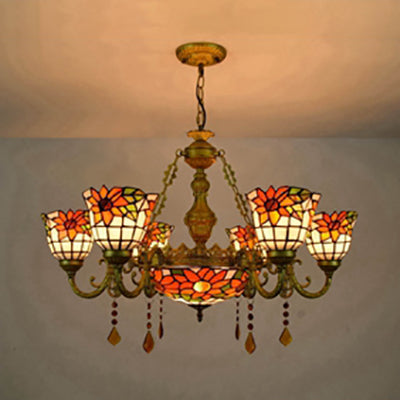 Colorful Inverted Chandelier with Yellow Flower/Sunflower/Flower Pattern Tiffany Stained Glass 7 Lights Crystal Hanging Light in Brass Clearhalo 'Ceiling Lights' 'Chandeliers' 'Industrial' 'Middle Century Chandeliers' 'Tiffany Chandeliers' 'Tiffany close to ceiling' 'Tiffany' Lighting' 63060