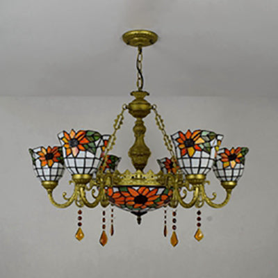 Colorful Inverted Chandelier with Yellow Flower/Sunflower/Flower Pattern Tiffany Stained Glass 7 Lights Crystal Hanging Light in Brass Clearhalo 'Ceiling Lights' 'Chandeliers' 'Industrial' 'Middle Century Chandeliers' 'Tiffany Chandeliers' 'Tiffany close to ceiling' 'Tiffany' Lighting' 63061