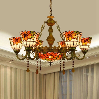 Colorful Inverted Chandelier with Yellow Flower/Sunflower/Flower Pattern Tiffany Stained Glass 7 Lights Crystal Hanging Light in Brass Brass Yellow Flower Clearhalo 'Ceiling Lights' 'Chandeliers' 'Industrial' 'Middle Century Chandeliers' 'Tiffany Chandeliers' 'Tiffany close to ceiling' 'Tiffany' Lighting' 63062