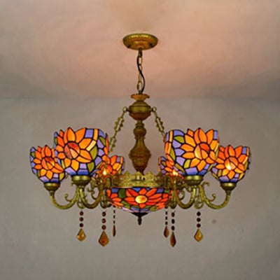 Colorful Inverted Chandelier with Yellow Flower/Sunflower/Flower Pattern Tiffany Stained Glass 7 Lights Crystal Hanging Light in Brass Clearhalo 'Ceiling Lights' 'Chandeliers' 'Industrial' 'Middle Century Chandeliers' 'Tiffany Chandeliers' 'Tiffany close to ceiling' 'Tiffany' Lighting' 63063