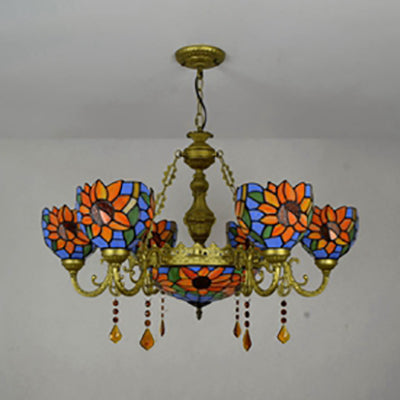 Colorful Inverted Chandelier with Yellow Flower/Sunflower/Flower Pattern Tiffany Stained Glass 7 Lights Crystal Hanging Light in Brass Clearhalo 'Ceiling Lights' 'Chandeliers' 'Industrial' 'Middle Century Chandeliers' 'Tiffany Chandeliers' 'Tiffany close to ceiling' 'Tiffany' Lighting' 63064