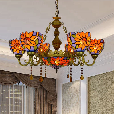 Colorful Inverted Chandelier with Yellow Flower/Sunflower/Flower Pattern Tiffany Stained Glass 7 Lights Crystal Hanging Light in Brass Brass Sunflower Clearhalo 'Ceiling Lights' 'Chandeliers' 'Industrial' 'Middle Century Chandeliers' 'Tiffany Chandeliers' 'Tiffany close to ceiling' 'Tiffany' Lighting' 63065