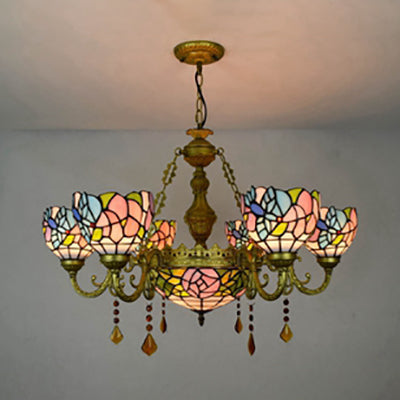 Colorful Inverted Chandelier with Yellow Flower/Sunflower/Flower Pattern Tiffany Stained Glass 7 Lights Crystal Hanging Light in Brass Clearhalo 'Ceiling Lights' 'Chandeliers' 'Industrial' 'Middle Century Chandeliers' 'Tiffany Chandeliers' 'Tiffany close to ceiling' 'Tiffany' Lighting' 63066