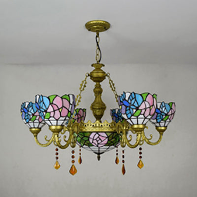 Colorful Inverted Chandelier with Yellow Flower/Sunflower/Flower Pattern Tiffany Stained Glass 7 Lights Crystal Hanging Light in Brass Clearhalo 'Ceiling Lights' 'Chandeliers' 'Industrial' 'Middle Century Chandeliers' 'Tiffany Chandeliers' 'Tiffany close to ceiling' 'Tiffany' Lighting' 63067