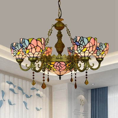 Colorful Inverted Chandelier with Yellow Flower/Sunflower/Flower Pattern Tiffany Stained Glass 7 Lights Crystal Hanging Light in Brass Brass Flower Clearhalo 'Ceiling Lights' 'Chandeliers' 'Industrial' 'Middle Century Chandeliers' 'Tiffany Chandeliers' 'Tiffany close to ceiling' 'Tiffany' Lighting' 63068