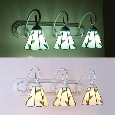 Lily Sconce Light Fixture Tiffany Blue/Beige Glass 3 Heads White Wall Mounted Light with Scrolling Arm Clearhalo 'Industrial' 'Middle century wall lights' 'Tiffany wall lights' 'Tiffany' 'Wall Lamps & Sconces' 'Wall Lights' Lighting' 63070