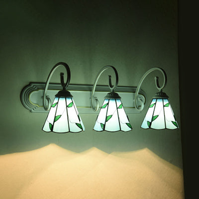 Lily Sconce Light Fixture Tiffany Blue/Beige Glass 3 Heads White Wall Mounted Light with Scrolling Arm Blue Clearhalo 'Industrial' 'Middle century wall lights' 'Tiffany wall lights' 'Tiffany' 'Wall Lamps & Sconces' 'Wall Lights' Lighting' 63071
