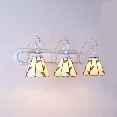 Lily Sconce Light Fixture Tiffany Blue/Beige Glass 3 Heads White Wall Mounted Light with Scrolling Arm Beige Clearhalo 'Industrial' 'Middle century wall lights' 'Tiffany wall lights' 'Tiffany' 'Wall Lamps & Sconces' 'Wall Lights' Lighting' 63072
