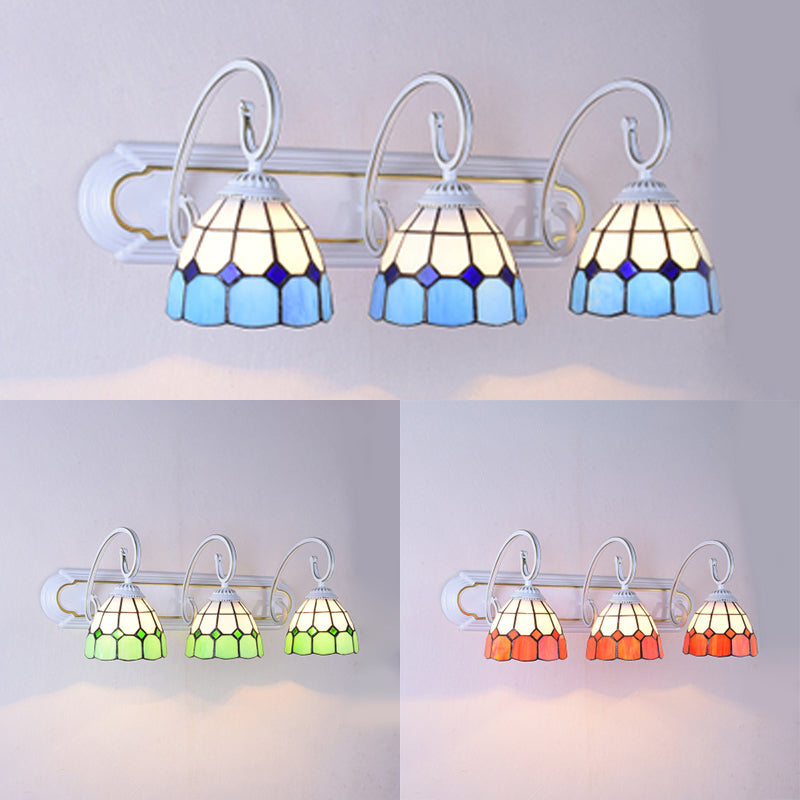 3 Heads Wall Light Fixture Tiffany Grid Patterned Orange/Green/Blue Glass Sconce Light with Curved Arm Clearhalo 'Industrial' 'Middle century wall lights' 'Tiffany wall lights' 'Tiffany' 'Wall Lamps & Sconces' 'Wall Lights' Lighting' 63073
