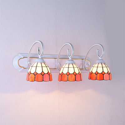 3 Heads Wall Light Fixture Tiffany Grid Patterned Orange/Green/Blue Glass Sconce Light with Curved Arm Orange Clearhalo 'Industrial' 'Middle century wall lights' 'Tiffany wall lights' 'Tiffany' 'Wall Lamps & Sconces' 'Wall Lights' Lighting' 63074