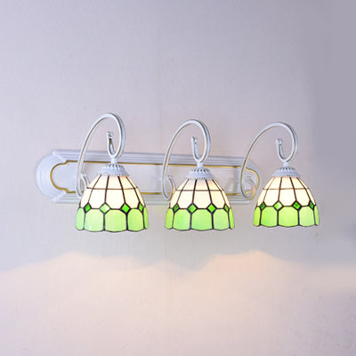 3 Heads Wall Light Fixture Tiffany Grid Patterned Orange/Green/Blue Glass Sconce Light with Curved Arm Green Clearhalo 'Industrial' 'Middle century wall lights' 'Tiffany wall lights' 'Tiffany' 'Wall Lamps & Sconces' 'Wall Lights' Lighting' 63075