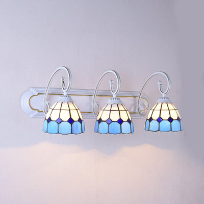 3 Heads Wall Light Fixture Tiffany Grid Patterned Orange/Green/Blue Glass Sconce Light with Curved Arm Blue Clearhalo 'Industrial' 'Middle century wall lights' 'Tiffany wall lights' 'Tiffany' 'Wall Lamps & Sconces' 'Wall Lights' Lighting' 63076