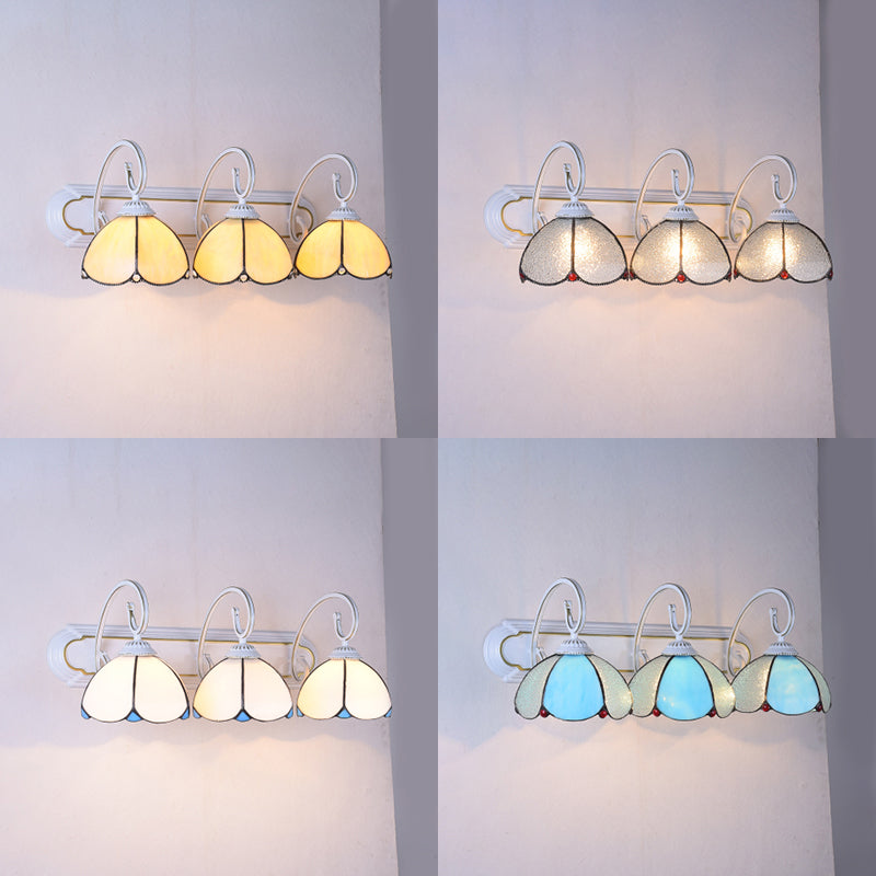 Flower Wall Mounted Light Tiffany White/Clear/Blue Glass 3 Heads Sconce Light with Scrolling Arm Clearhalo 'Industrial' 'Middle century wall lights' 'Tiffany wall lights' 'Tiffany' 'Wall Lamps & Sconces' 'Wall Lights' Lighting' 63080