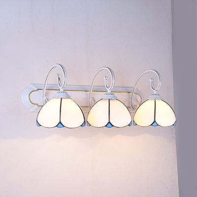 Flower Wall Mounted Light Tiffany White/Clear/Blue Glass 3 Heads Sconce Light with Scrolling Arm White Clearhalo 'Industrial' 'Middle century wall lights' 'Tiffany wall lights' 'Tiffany' 'Wall Lamps & Sconces' 'Wall Lights' Lighting' 63082