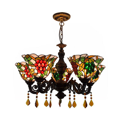 Multicolored Bell Inverted Chandelier Tiffany Stained Glass 5 Lights Grapes Hanging Light with Crystal in Black/White Clearhalo 'Ceiling Lights' 'Chandeliers' 'Close To Ceiling Lights' 'Industrial' 'Middle Century Chandeliers' 'Tiffany Chandeliers' 'Tiffany close to ceiling' 'Tiffany' Lighting' 63087