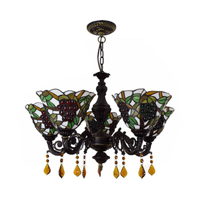 Multicolored Bell Inverted Chandelier Tiffany Stained Glass 5 Lights Grapes Hanging Light with Crystal in Black/White Clearhalo 'Ceiling Lights' 'Chandeliers' 'Close To Ceiling Lights' 'Industrial' 'Middle Century Chandeliers' 'Tiffany Chandeliers' 'Tiffany close to ceiling' 'Tiffany' Lighting' 63088