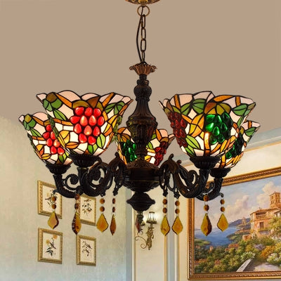 Multicolored Bell Inverted Chandelier Tiffany Stained Glass 5 Lights Grapes Hanging Light with Crystal in Black/White White Clearhalo 'Ceiling Lights' 'Chandeliers' 'Close To Ceiling Lights' 'Industrial' 'Middle Century Chandeliers' 'Tiffany Chandeliers' 'Tiffany close to ceiling' 'Tiffany' Lighting' 63089