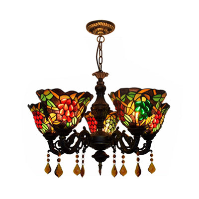 Multicolored Bell Inverted Chandelier Tiffany Stained Glass 5 Lights Grapes Hanging Light with Crystal in Black/White Clearhalo 'Ceiling Lights' 'Chandeliers' 'Close To Ceiling Lights' 'Industrial' 'Middle Century Chandeliers' 'Tiffany Chandeliers' 'Tiffany close to ceiling' 'Tiffany' Lighting' 63090
