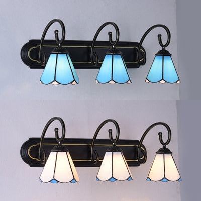 3 Heads Bathroom Wall Light Fixture Tiffany Black Sconce Light with Lily White/Blue Glass Shade Clearhalo 'Industrial' 'Middle century wall lights' 'Tiffany wall lights' 'Tiffany' 'Wall Lamps & Sconces' 'Wall Lights' Lighting' 63094