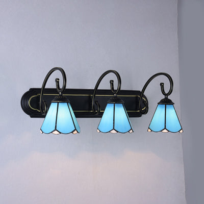 3 Heads Bathroom Wall Light Fixture Tiffany Black Sconce Light with Lily White/Blue Glass Shade Blue Clearhalo 'Industrial' 'Middle century wall lights' 'Tiffany wall lights' 'Tiffany' 'Wall Lamps & Sconces' 'Wall Lights' Lighting' 63095