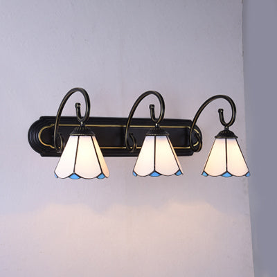 3 Heads Bathroom Wall Light Fixture Tiffany Black Sconce Light with Lily White/Blue Glass Shade White Clearhalo 'Industrial' 'Middle century wall lights' 'Tiffany wall lights' 'Tiffany' 'Wall Lamps & Sconces' 'Wall Lights' Lighting' 63096