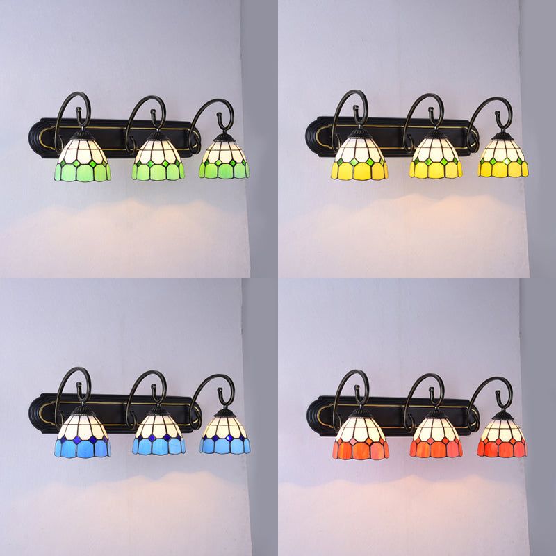 Stained Glass Grid Patterned Sconce Light Tiffany 3 Heads Yellow/Orange/Blue Wall Mounted Lamp with Curved Arm Clearhalo 'Industrial' 'Middle century wall lights' 'Tiffany wall lights' 'Tiffany' 'Wall Lamps & Sconces' 'Wall Lights' Lighting' 63107