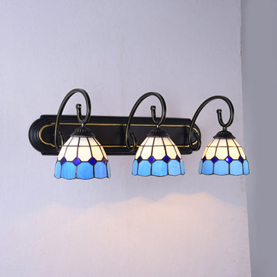 Stained Glass Grid Patterned Sconce Light Tiffany 3 Heads Yellow/Orange/Blue Wall Mounted Lamp with Curved Arm Blue Clearhalo 'Industrial' 'Middle century wall lights' 'Tiffany wall lights' 'Tiffany' 'Wall Lamps & Sconces' 'Wall Lights' Lighting' 63108
