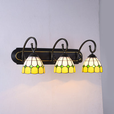 Stained Glass Grid Patterned Sconce Light Tiffany 3 Heads Yellow/Orange/Blue Wall Mounted Lamp with Curved Arm Yellow Clearhalo 'Industrial' 'Middle century wall lights' 'Tiffany wall lights' 'Tiffany' 'Wall Lamps & Sconces' 'Wall Lights' Lighting' 63109