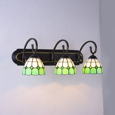 Stained Glass Grid Patterned Sconce Light Tiffany 3 Heads Yellow/Orange/Blue Wall Mounted Lamp with Curved Arm Green Clearhalo 'Industrial' 'Middle century wall lights' 'Tiffany wall lights' 'Tiffany' 'Wall Lamps & Sconces' 'Wall Lights' Lighting' 63110