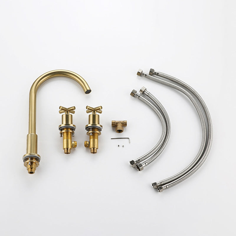 Glam Centerset Faucet Brass Cross Handles 3 Holes Gooseneck Bathroom Sink Faucet Clearhalo 'Bathroom Remodel & Bathroom Fixtures' 'Bathroom Sink Faucets' 'Bathroom Sinks & Faucet Components' 'bathroom_sink_faucets' 'Home Improvement' 'home_improvement' 'home_improvement_bathroom_sink_faucets' 6311529