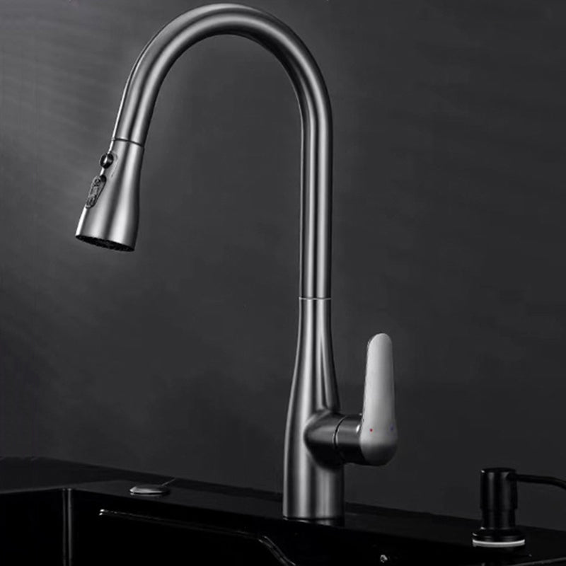 Modern Faucet 1-Handle 1-Hole Copper with Pull out Sprayer Gooseneck Faucet Grey Clearhalo 'Home Improvement' 'home_improvement' 'home_improvement_kitchen_faucets' 'Kitchen Faucets' 'Kitchen Remodel & Kitchen Fixtures' 'Kitchen Sinks & Faucet Components' 'kitchen_faucets' 6311609
