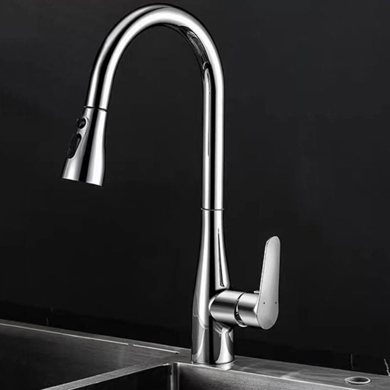 Modern Faucet 1-Handle 1-Hole Copper with Pull out Sprayer Gooseneck Faucet Silver Clearhalo 'Home Improvement' 'home_improvement' 'home_improvement_kitchen_faucets' 'Kitchen Faucets' 'Kitchen Remodel & Kitchen Fixtures' 'Kitchen Sinks & Faucet Components' 'kitchen_faucets' 6311610