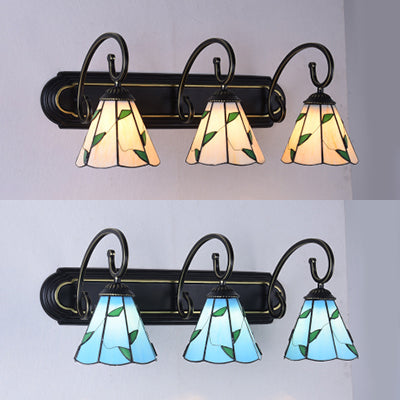 Cone Wall Light Fixture Tiffany Blue/Beige Glass 3 Heads Black Vanity Sconce Light with Black Linear Backplate Clearhalo 'Industrial' 'Middle century wall lights' 'Tiffany wall lights' 'Tiffany' 'Wall Lamps & Sconces' 'Wall Lights' Lighting' 63121