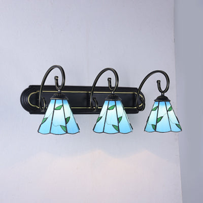 Cone Wall Light Fixture Tiffany Blue/Beige Glass 3 Heads Black Vanity Sconce Light with Black Linear Backplate Clearhalo 'Industrial' 'Middle century wall lights' 'Tiffany wall lights' 'Tiffany' 'Wall Lamps & Sconces' 'Wall Lights' Lighting' 63122