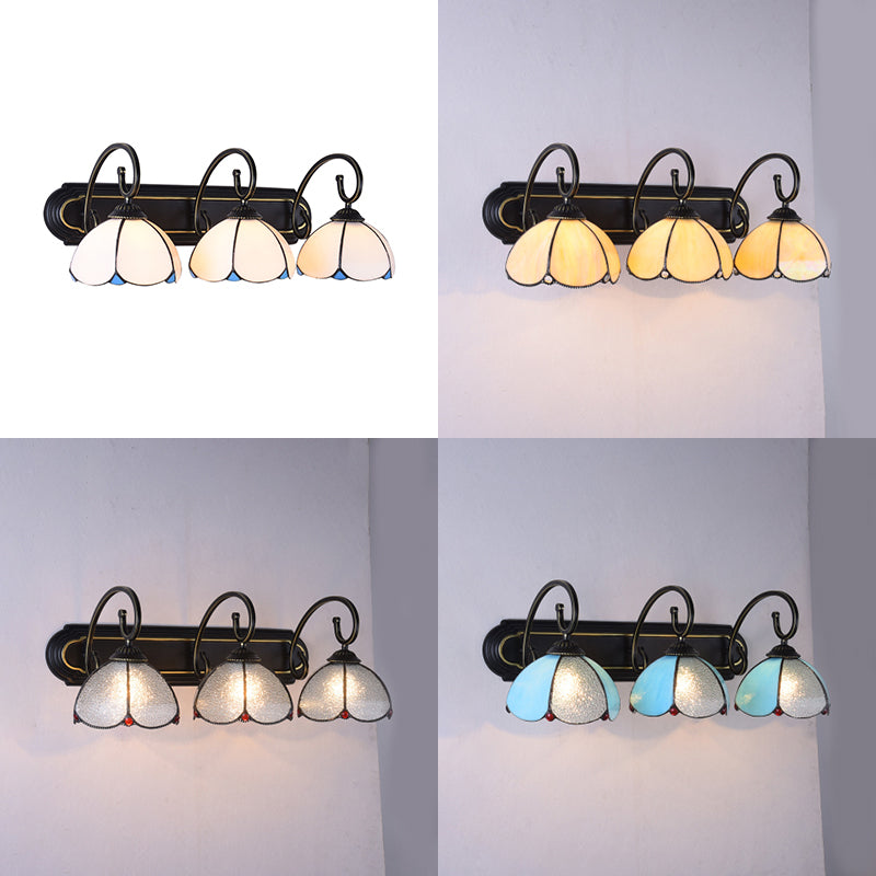 3 Head Flower Wall Mount Light Tiffany White/Clear/Beige Glass Sconce Light Fixture with Curved Arm Clearhalo 'Industrial' 'Middle century wall lights' 'Tiffany wall lights' 'Tiffany' 'Wall Lamps & Sconces' 'Wall Lights' Lighting' 63125
