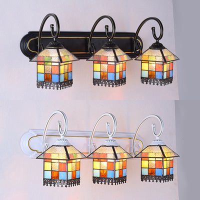Lodge Style House Wall Lamp Glass Shade 3 Lights Bathroom Vanity Light in Black/White Backplate Clearhalo 'Industrial' 'Middle century wall lights' 'Tiffany wall lights' 'Tiffany' 'Wall Lamps & Sconces' 'Wall Lights' Lighting' 63136
