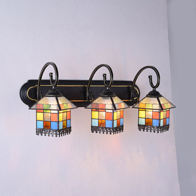 Lodge Style House Wall Lamp Glass Shade 3 Lights Bathroom Vanity Light in Black/White Backplate Black Clearhalo 'Industrial' 'Middle century wall lights' 'Tiffany wall lights' 'Tiffany' 'Wall Lamps & Sconces' 'Wall Lights' Lighting' 63137