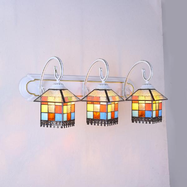 Lodge Style House Wall Lamp Glass Shade 3 Lights Bathroom Vanity Light in Black/White Backplate White Clearhalo 'Industrial' 'Middle century wall lights' 'Tiffany wall lights' 'Tiffany' 'Wall Lamps & Sconces' 'Wall Lights' Lighting' 63138