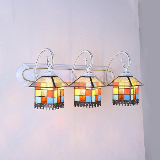 Lodge Style House Wall Lamp Glass Shade 3 Lights Bathroom Vanity Light in Black/White Backplate White Clearhalo 'Industrial' 'Middle century wall lights' 'Tiffany wall lights' 'Tiffany' 'Wall Lamps & Sconces' 'Wall Lights' Lighting' 63138