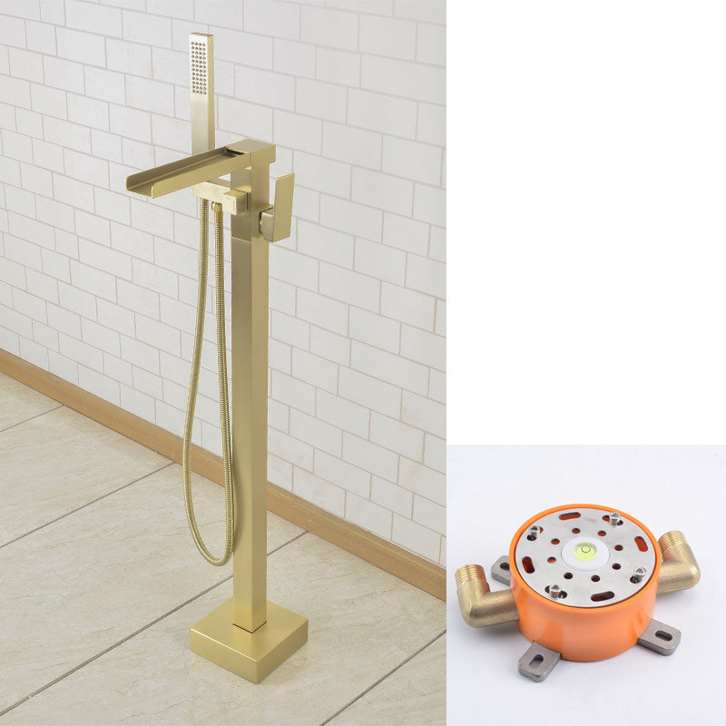 Modern Freestanding Tub Filler Trim Copper Floor Mounted Freestanding Bathtub Faucet Gold Square/ Rectangle Ground Clearhalo 'Bathroom Remodel & Bathroom Fixtures' 'Bathtub Faucets' 'bathtub_faucets' 'Home Improvement' 'home_improvement' 'home_improvement_bathtub_faucets' 6321179